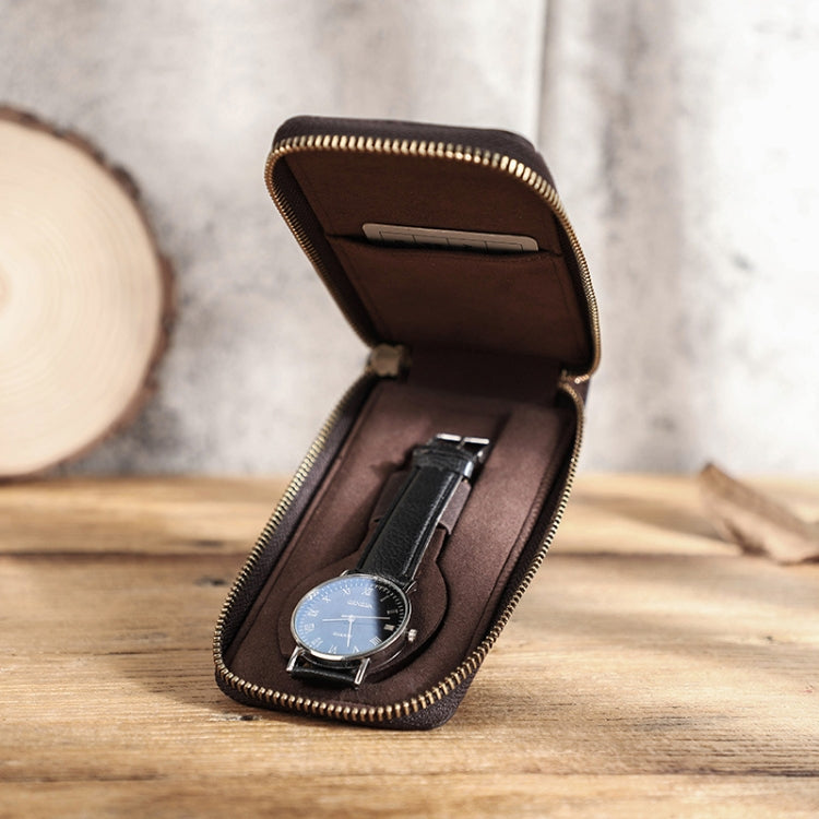 Contacts Family CF1121 Retro Crazy Horse Leather Watch Storage Box Single Watch Seat Portable Watch Zipper Bag(Coffee) - free shipping - PMC TechLife - Order now!