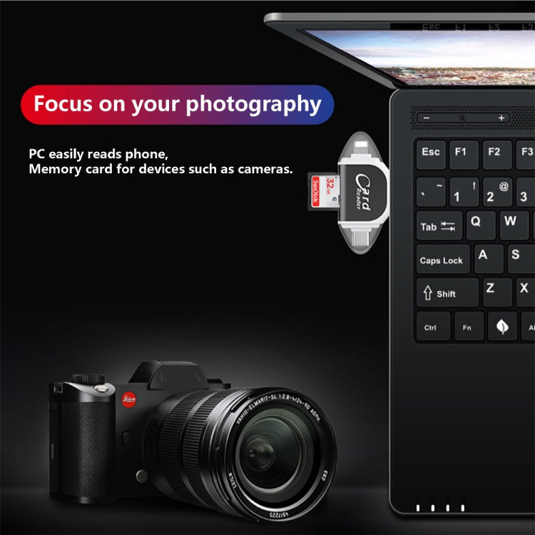 R015 USB2.0 & Micro USB+8Pin+Type-C 4 In 1 Card Reader Supports SD/TF Card(Black) - by PMC TechLife | Online Shopping South Africa | PMC TechLife