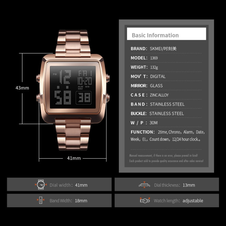 SKMEI 1369 Retro Waterproof Gold Watch Men Steel Belt Luminous Square Watch(Black) - free shipping - PMC TechLife - Order now!