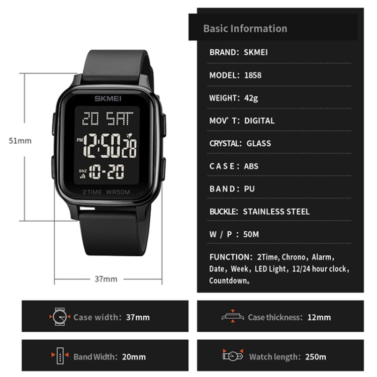 SKMEI 1858 Square Waterproof Digital Dual Display LED Luminous Watch(Black) - free shipping - PMC TechLife - Order now!