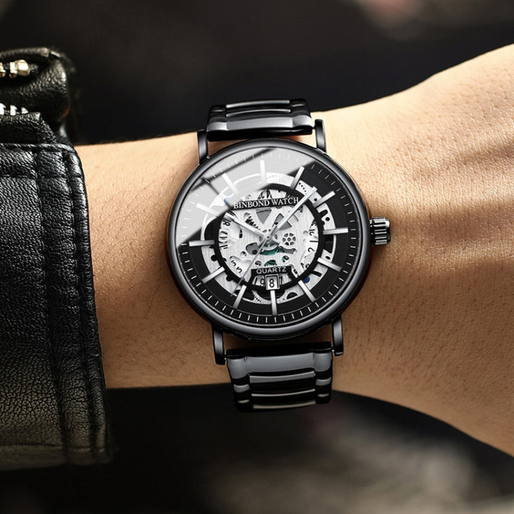 BINBOND B7872 Multifunctional Hollow Luminous Waterproof Quartz Watch, Color: Black Leather-Black-Black - free shipping - PMC TechLife - Order now!