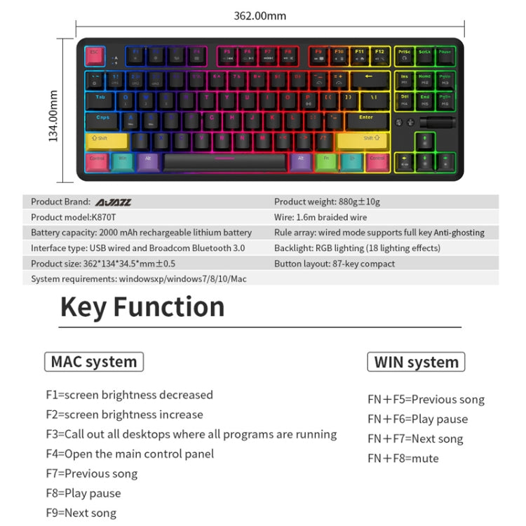 Ajazz K870T 87-Key Hot Swap Bluetooth/Wired Dual Mode RGB Backlight Office Game Mechanical Keyboard Tea Shaft (Black) - free shipping - PMC Jewellery - Order now!