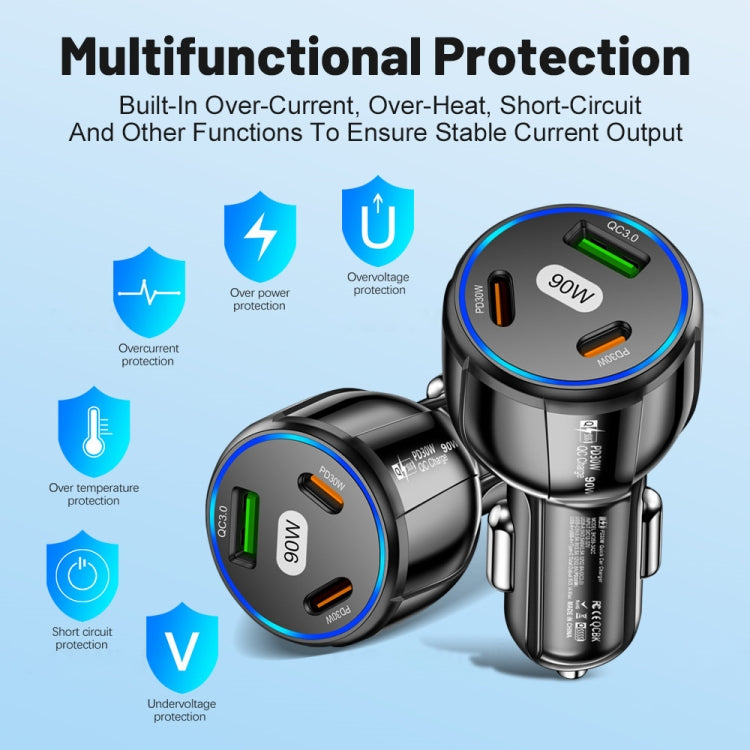90W Super Fast Charging USB-C Car Charger Dual PD 30W+QC3.0 Charging Station(Black) - Car Charger by PMC TechLife | Online Shopping South Africa | PMC TechLife | Buy Now Pay Later Mobicred
