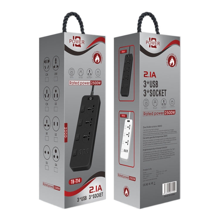T14 2m 2500W 3 Plugs + 3-USB Ports Multifunctional Socket With Switch, Specification: UK Plug (Black) - Extension Socket by PMC TechLife | Online Shopping South Africa | PMC TechLife | Buy Now Pay Later Mobicred