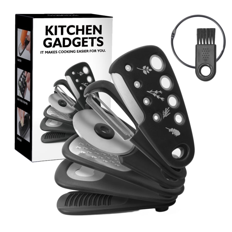 6 In 1 Stackable Kitchen Gadgets Melon Peeler Herb Chopper Garlic Grater Can Opener Pizza Cutter(Black) - free shipping - PMC TechLife - Order now!