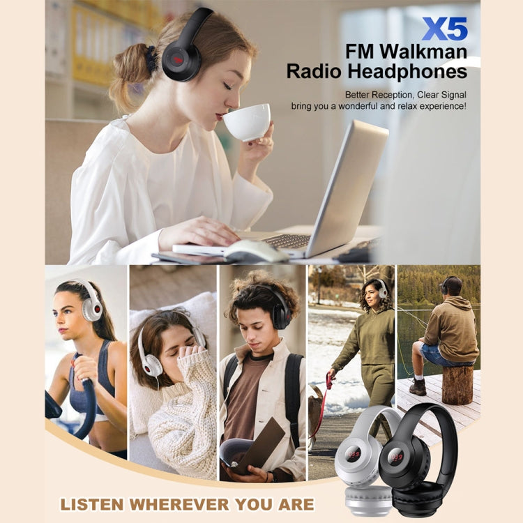 X5 Portable Digital Display Folding Headset FM Radio Headphones, Color: Charging Black - Radio Player by PMC TechLife | Online Shopping South Africa | PMC TechLife | Buy Now Pay Later Mobicred