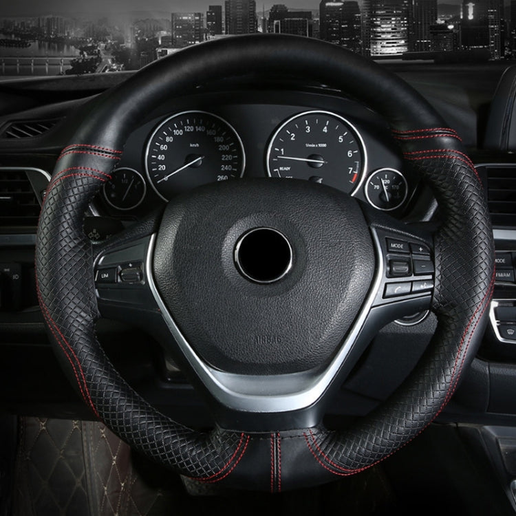38cm Cowhide Embossed Hand-Stitched Double-Line Steering Wheel Cover(Black Black Line) - Steering Wheel Accessories by PMC TechLife | Online Shopping South Africa | PMC TechLife | Buy Now Pay Later Mobicred
