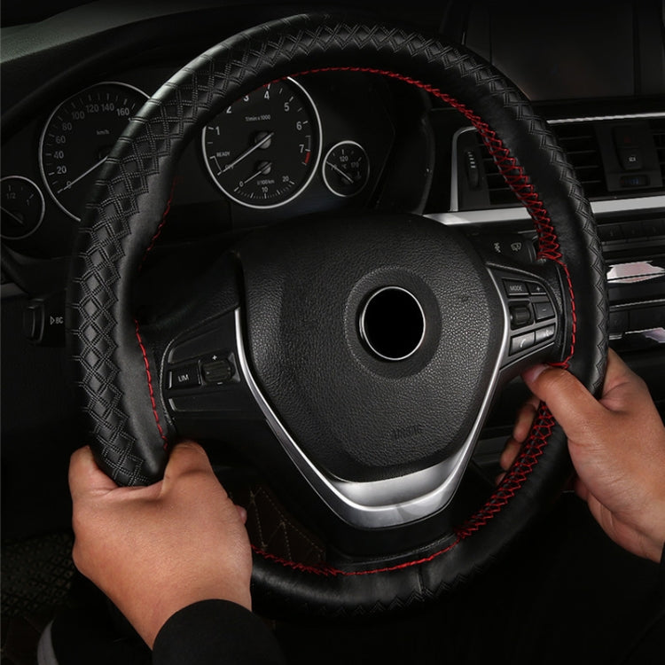 38cm Four-season Embossed Hand-sewn Cowhide Steering Wheel Cover(Black+Red Line) - Steering Wheel Accessories by PMC TechLife | Online Shopping South Africa | PMC TechLife | Buy Now Pay Later Mobicred