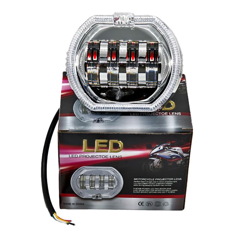Motorcycle Electric Vehicle General Modification LED Headlight 4 Beads Double Lens Lamps, Style: Ice Blue Aperture+Red Devil Eye - Headlights by PMc TechLife | Online Shopping South Africa | PMc TechLife | Buy Now Pay Later Mobicred