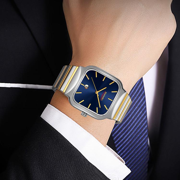 SKMEI 9361 Steel Strap Textured Dial Watch Business Casual Square Quartz Watch, Style: Silver Gold Case Black Dial - free shipping - PMC TechLife - Order now!