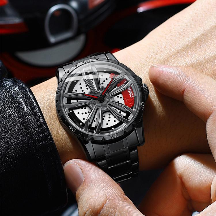 BINBOND D001 3D Hollow Motorcycle Rotating Wheel Watch, Color: Black Leather-White Steel-Red - free shipping - PMC TechLife - Order now!
