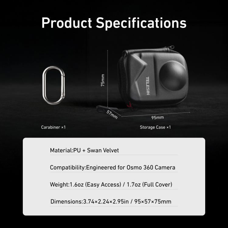 TELESIN Full-Coverage PU Carrying Case for DJI Osmo 360 Camera Protective Pouch with Carabiner Clip - free shipping - PMC TechLife - Order now!