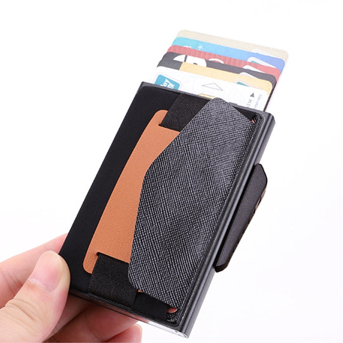 X-32C Automatically Pop-up Card Type Anti-magnetic RFID Anti-theft Men Aluminum Alloy B Dial Button Elastic Bag Wallet with PU Leather Strap(Black) - free shipping - PMC TechLife - Order now!
