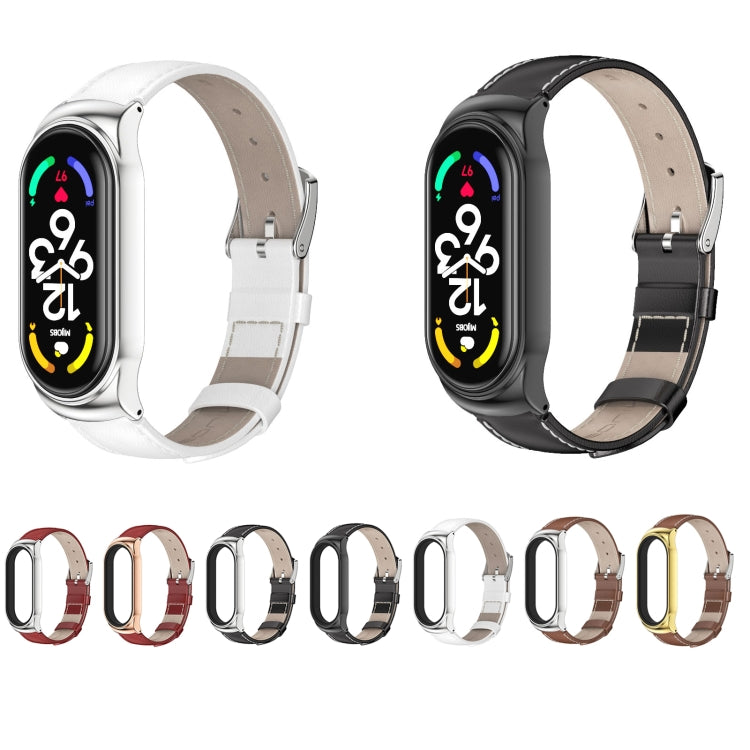 For Xiaomi Mi Band 7 / 7 NFC MIJOBS CS Metal Case Genuine Leather Top Layer Cowhide Watch Band(Brown Silver) - Watch Bands by MIJOBS | Online Shopping South Africa | PMC TechLife | Buy Now Pay Later Mobicred