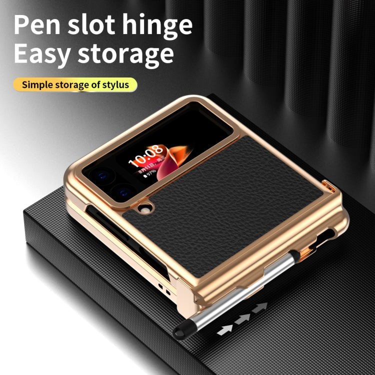 For Samsung Galaxy Z Flip3 5G Litchi Texture Leather Hinged Electroplated Phone Case with Pen(Black Gold) - free shipping - PMC TechLife - Order now!
