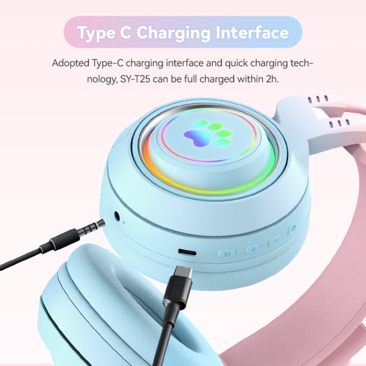 T25 RGB Stereo Cat Ear Bluetooth Wireless Headphones with Detachable Microphone(Blue) - Headset & Headphone by PMC TechLife | Online Shopping South Africa | PMC TechLife