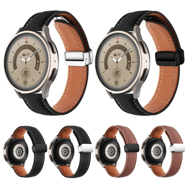 20mm Folding Buckle Plain Weave Genuine Leather Watch Band(Black+Silver) - Smart Wear by PMC TechLife | Online Shopping South Africa | PMC TechLife