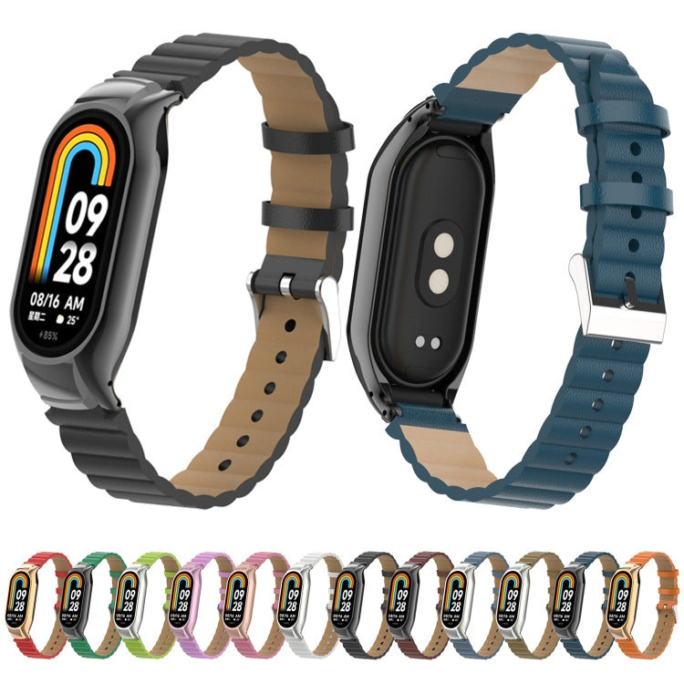 For Xiaomi Mi Band 8 Integrated Metal Case + Bamboo Leather Watch Band(Red Brown) - Smart Wear by PMC TechLife | Online Shopping South Africa | PMC TechLife