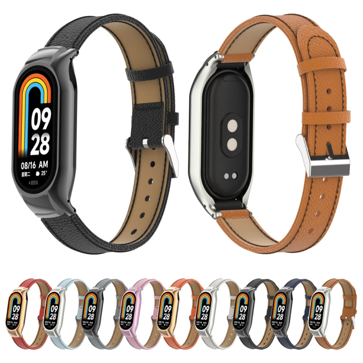For Xiaomi Mi Band 8 Integrated Metal Case + Litchi Texture Leather Watch Band(Pink) - Smart Wear by PMC TechLife | Online Shopping South Africa | PMC TechLife