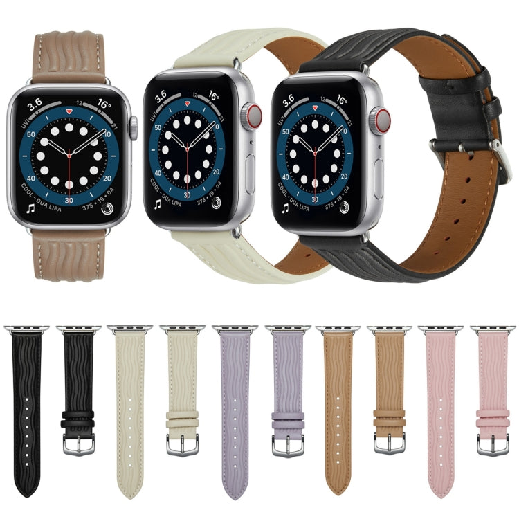 Embossed Line Genuine Leather Watch Band For Apple Watch 4 40mm(Khaki) - Watch Bands by PMC TechLife | Online Shopping South Africa | PMC TechLife