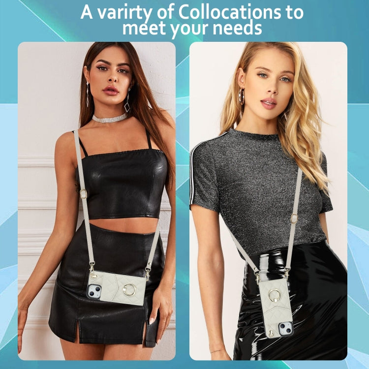 For iPhone 14 Plus Rhombic Texture Card Bag Phone Case with Long Lanyard(White) - iPhone 14 Plus Cases by PMC TechLife | Online Shopping South Africa | PMC TechLife | Buy Now Pay Later Mobicred