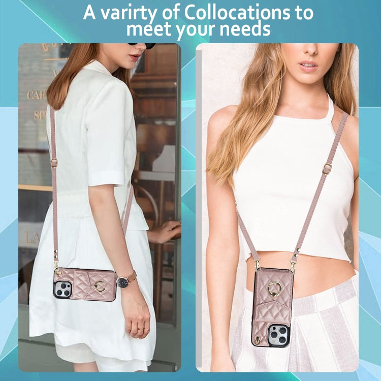 For iPhone 13 Pro Max Rhombic Texture Card Bag Phone Case with Long Lanyard(Rose Gold) - free shipping - PMC TechLife - Order now!