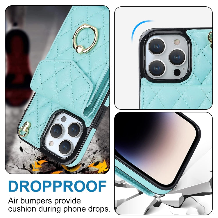 For iPhone 15 Pro Max Rhombic Texture Card Bag Phone Case with Long Lanyard(Mint Green) - free shipping - PMC TechLife - Order now!