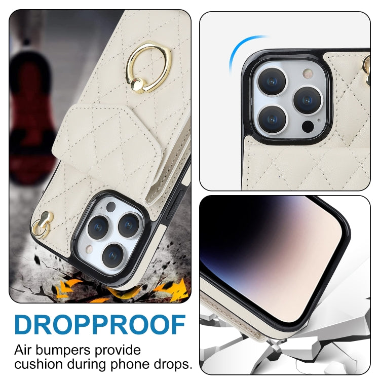 For iPhone 15 Rhombic Texture Card Bag Phone Case with Long Lanyard(White) - iPhone 15 Cases by PMC TechLife | Online Shopping South Africa | PMC TechLife | Buy Now Pay Later Mobicred