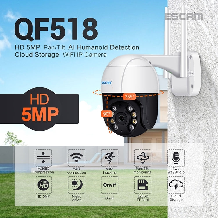 ESCAM QF518 5MP Smart WiFi IP Camera, Support AI Humanoid Detection / Auto Tracking / Dual Light Night Vision / Cloud Storage / Two Way Audio / TF Card, Plug:AU Plug(White) - free shipping - PMC TechLife - Order now!