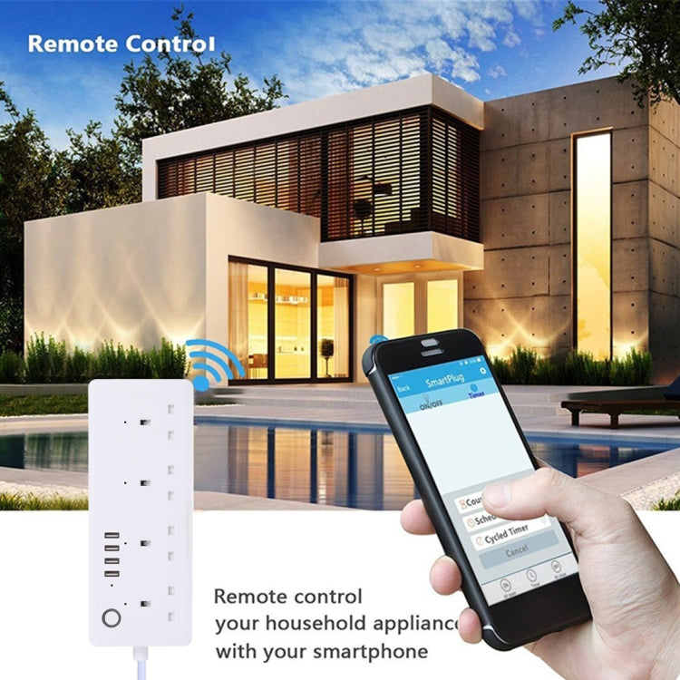4 x USB Ports + 4 x UK Plug Jack 13A Max Output WiFi Remote Control Smart Power Socket Works with Alexa & Google Home, AC 100-240V, UK Plug - Smart Socket by PMC TechLife | Online Shopping South Africa | PMC TechLife