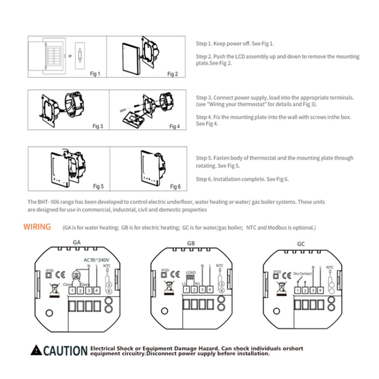 BHT-006GCLW 95-240V AC 5A Smart Home Heating Thermostat for EU Box, Control Boiler Heating with Only Internal Sensor, WiFi (Black) - Thermostat & Thermometer by PMC TechLife | Online Shopping South Africa | PMC TechLife
