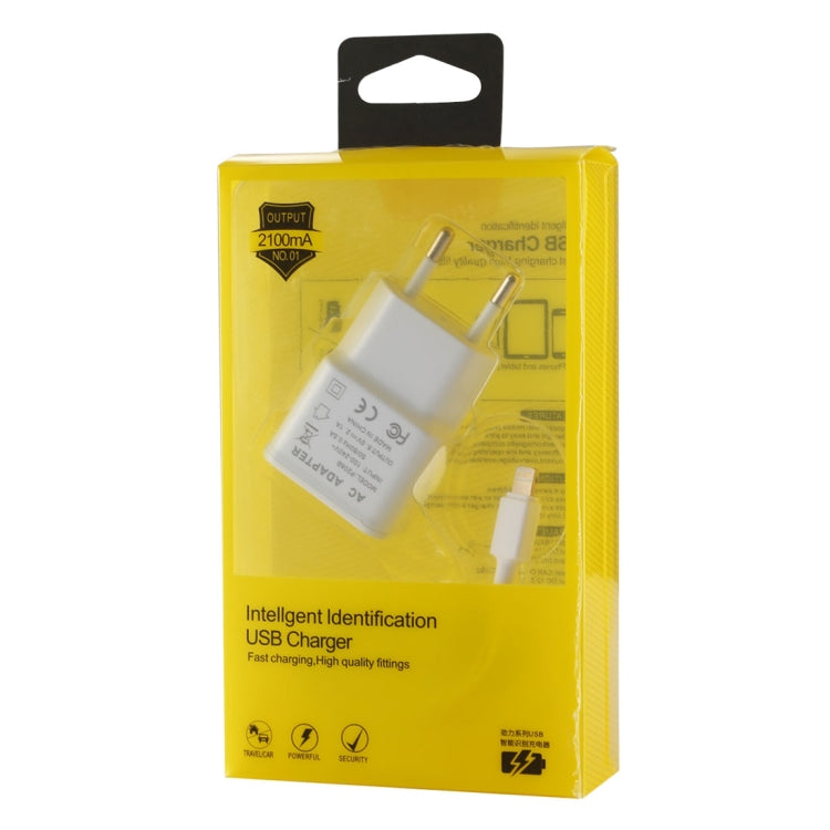 For iPhone 5V 2.1A Intellgent Identification USB Charger with 1m USB to 8 Pin Charging Cable, EU Plug(White) - USB Charger by PMC TechLife | Online Shopping South Africa | PMC TechLife | Buy Now Pay Later Mobicred