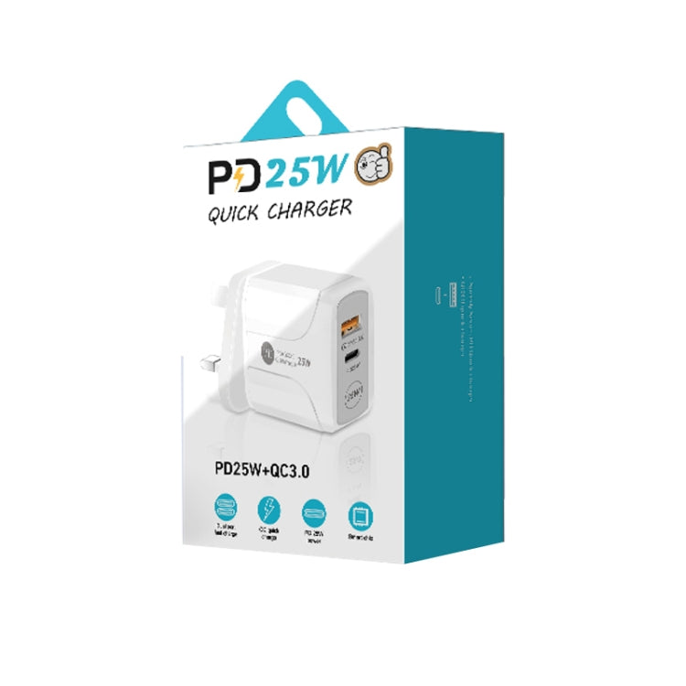 PD25W USB-C / Type-C + QC3.0 USB Dual Ports Fast Charger with USB to 8 Pin Data Cable, UK Plug(White) - USB Charger by PMC TechLife | Online Shopping South Africa | PMC TechLife | Buy Now Pay Later Mobicred