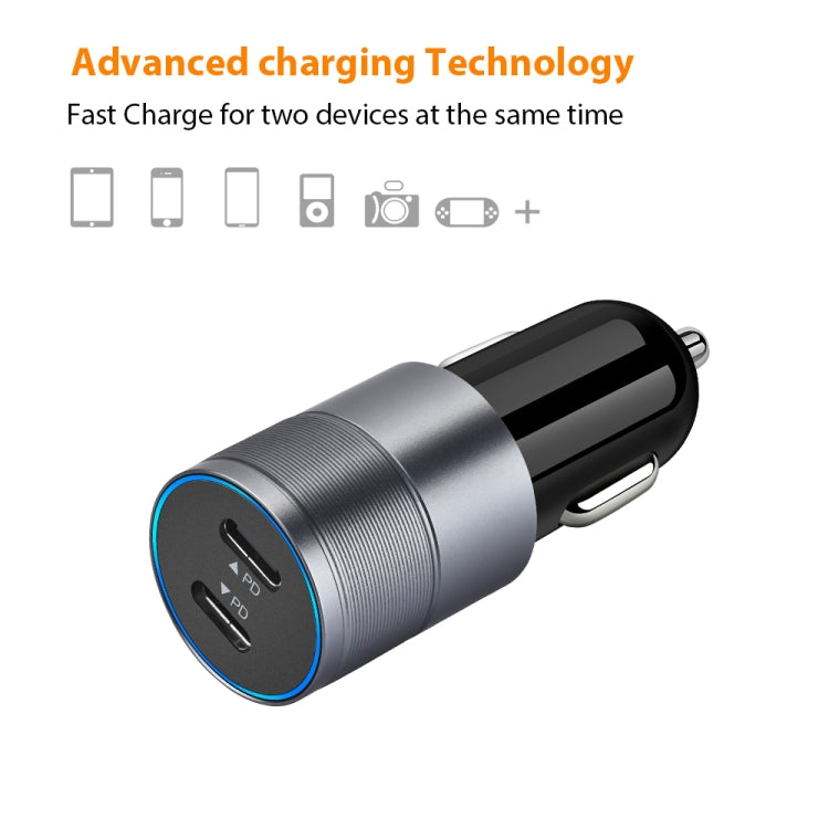 Dual PD 3.0 40W Type-C Car charger with 1m Type-C to Type-C Data Cable(Grey) - Car Charger by PMC TechLife | Online Shopping South Africa | PMC TechLife