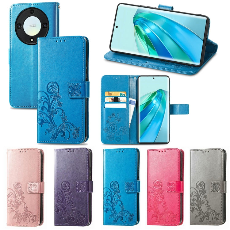 For Honor Magic5 Lite Four-leaf Clasp Embossed Buckle Leather Phone Case(Blue) - free shipping - PMC TechLife - Order now!
