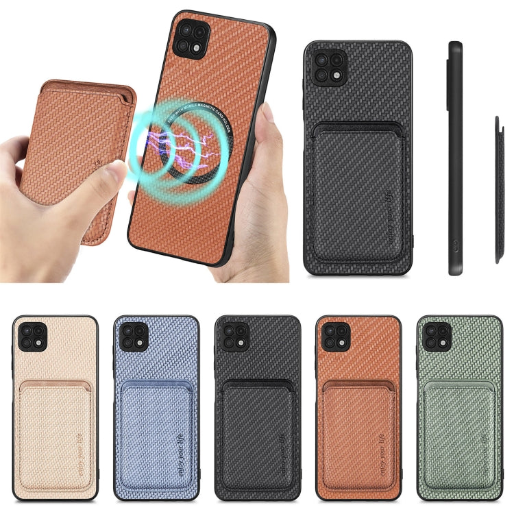 For Samsung Galaxy A22 5G Carbon Fiber Leather Card Magsafe Magnetic Phone Case(Khaki) - Galaxy Phone Cases by PMC TechLife | Online Shopping South Africa | PMC TechLife