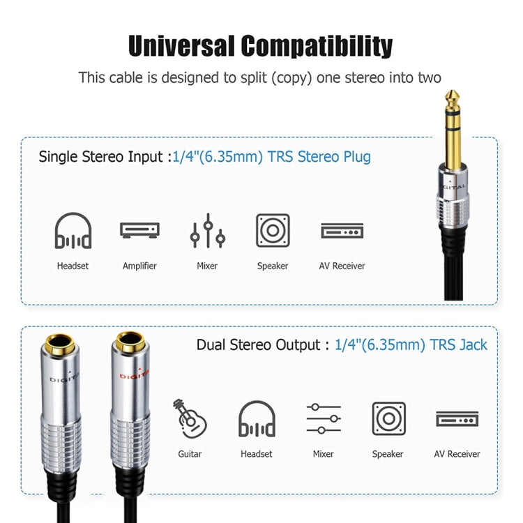 JUNSUNMAY 6.35mm Male to Dual 6.35mm Female Stereo Audio Adapter, Length: 0.2m - Microphone Audio Cable & Connector by JUNSUNMAY | Online Shopping South Africa | PMC TechLife | Buy Now Pay Later Mobicred