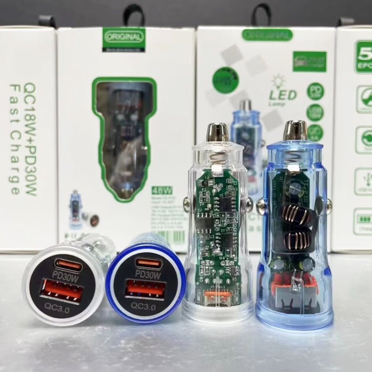 P35 48W PD30W + QC3.0 18W USB Transparent Car Charger with Type-C to 8 Pin Phone Data Cable(Transparent Blue) - Car Charger by PMC TechLife | Online Shopping South Africa | PMC TechLife