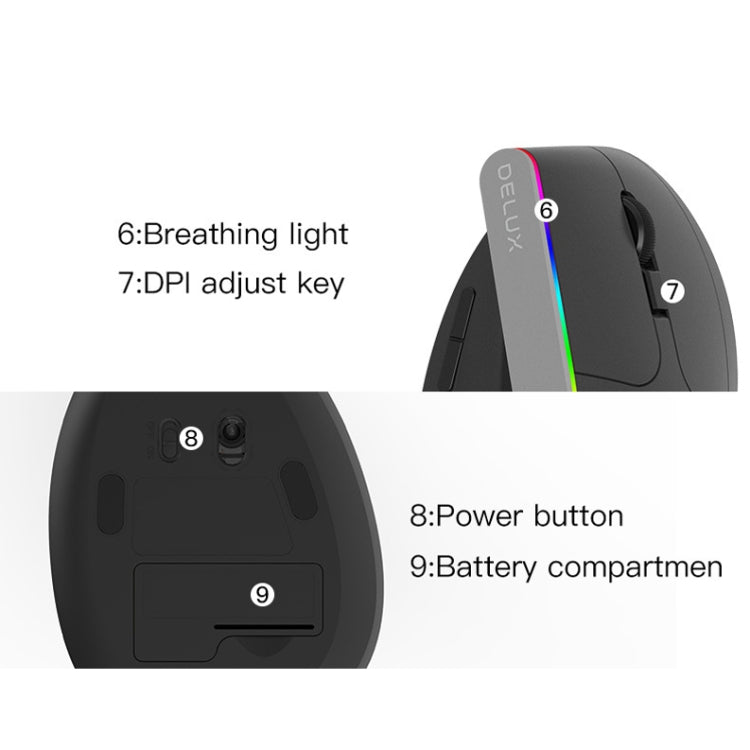DELUX M618C 6 Keys 1600 DPI RGB Vertical Wireless Bluetooth Dual Mode Mouse(Black) - Wireless Mice by DELUX | Online Shopping South Africa | PMC TechLife | Buy Now Pay Later Mobicred