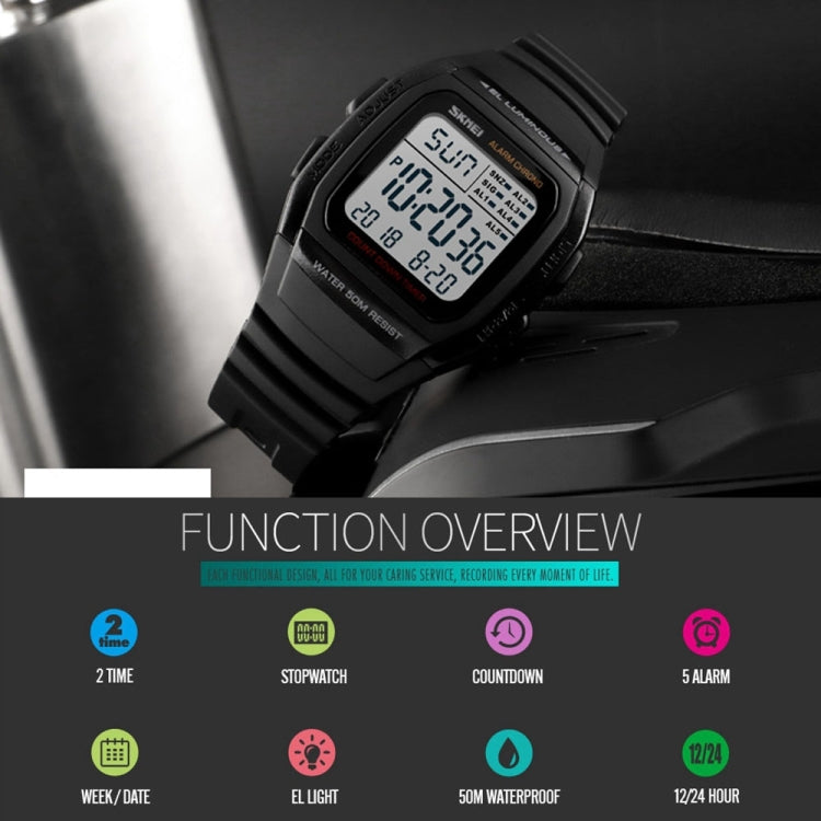 SKMEI 1278 Fashionable Outdoor 50m Water-resistant Digital Watch Student Sports Wrist Watch Support 5 Group Alarm Clocks(Black) - free shipping - PMC TechLife - Order now!