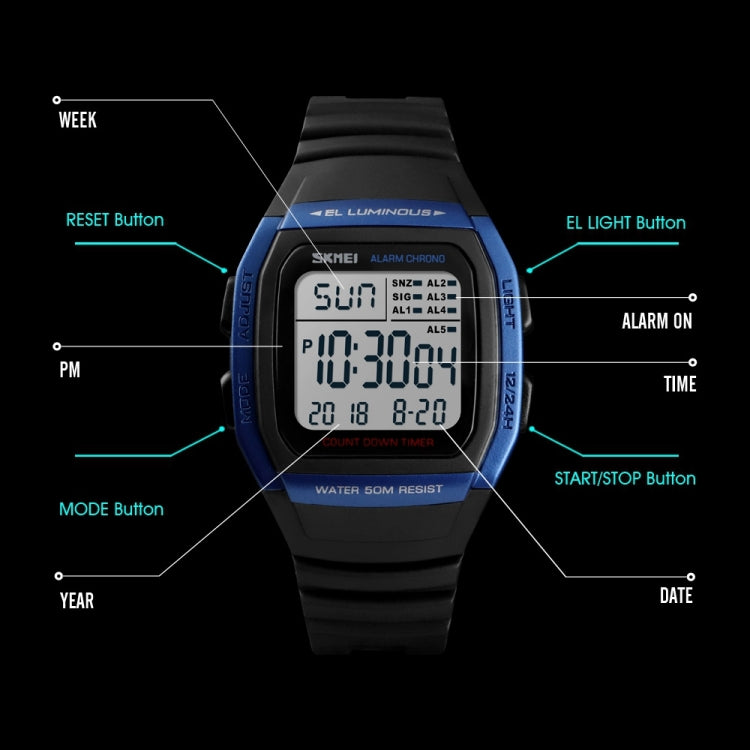 SKMEI 1278 Fashionable Outdoor 50m Water-resistant Digital Watch Student Sports Wrist Watch Support 5 Group Alarm Clocks(Black) - free shipping - PMC TechLife - Order now!