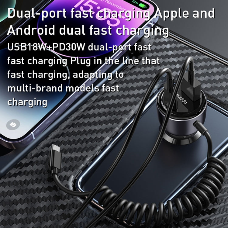 Yesido Y57 50W PD + QC3.0 Dual Port Car Charger with 8 Pin Spring Data Cable - free shipping - PMC TechLife - Order now!