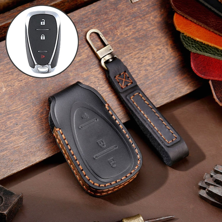For Chevrolet 3-button Hallmo Car Cowhide Leather Key Protective Cover Key Case(Black) - Car Key Cases by Hallmo | Online Shopping South Africa | PMC TechLife | Buy Now Pay Later Mobicred