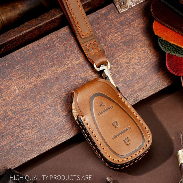 For Chevrolet 3-button Hallmo Car Cowhide Leather Key Protective Cover Key Case(Black) - Car Key Cases by Hallmo | Online Shopping South Africa | PMC TechLife | Buy Now Pay Later Mobicred