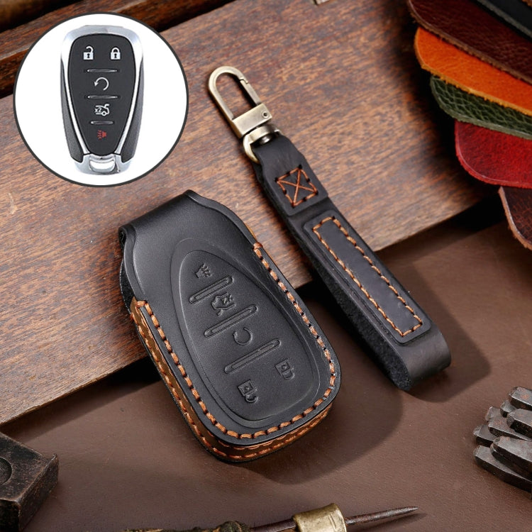 For Chevrolet 5-button Hallmo Car Cowhide Leather Key Protective Cover Key Case(Black) - Car Key Cases by Hallmo | Online Shopping South Africa | PMC TechLife | Buy Now Pay Later Mobicred