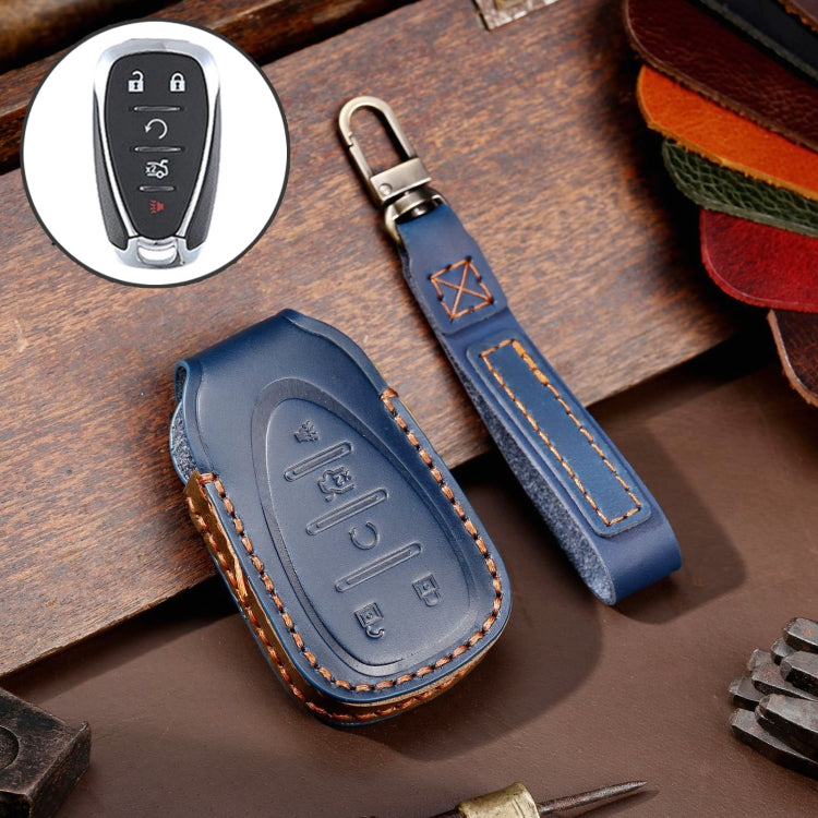 For Chevrolet 5-button Hallmo Car Cowhide Leather Key Protective Cover Key Case(Blue) - Car Key Cases by Hallmo | Online Shopping South Africa | PMC TechLife | Buy Now Pay Later Mobicred