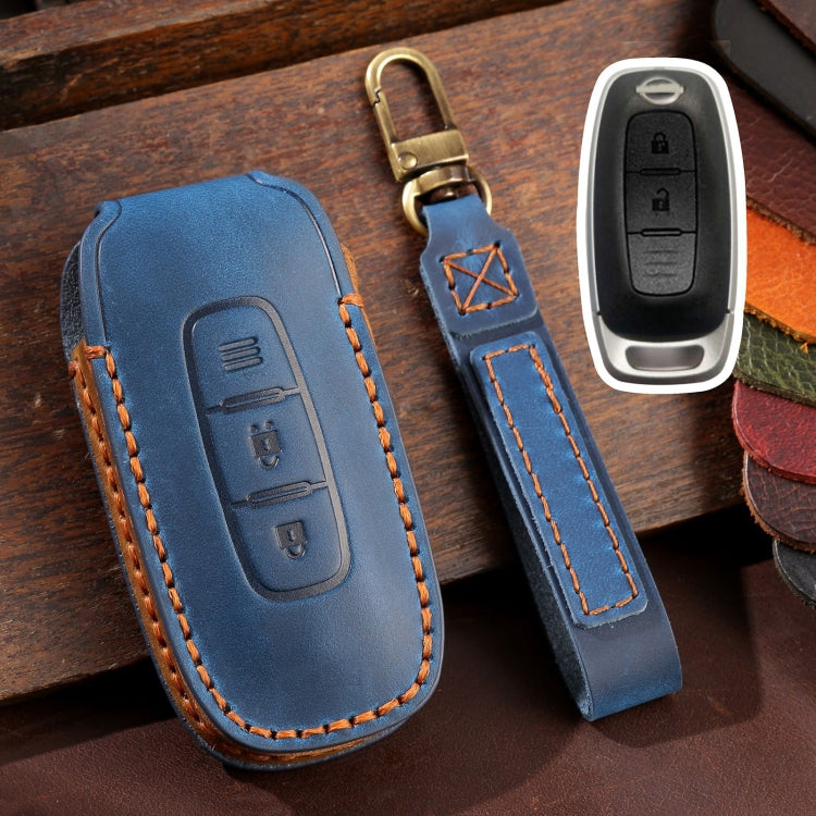For Nissan Teana / Ariya 2-button Hallmo Car Cowhide Leather Key Protective Cover Key Case(Blue) - Car Key Cases by Hallmo | Online Shopping South Africa | PMC TechLife | Buy Now Pay Later Mobicred