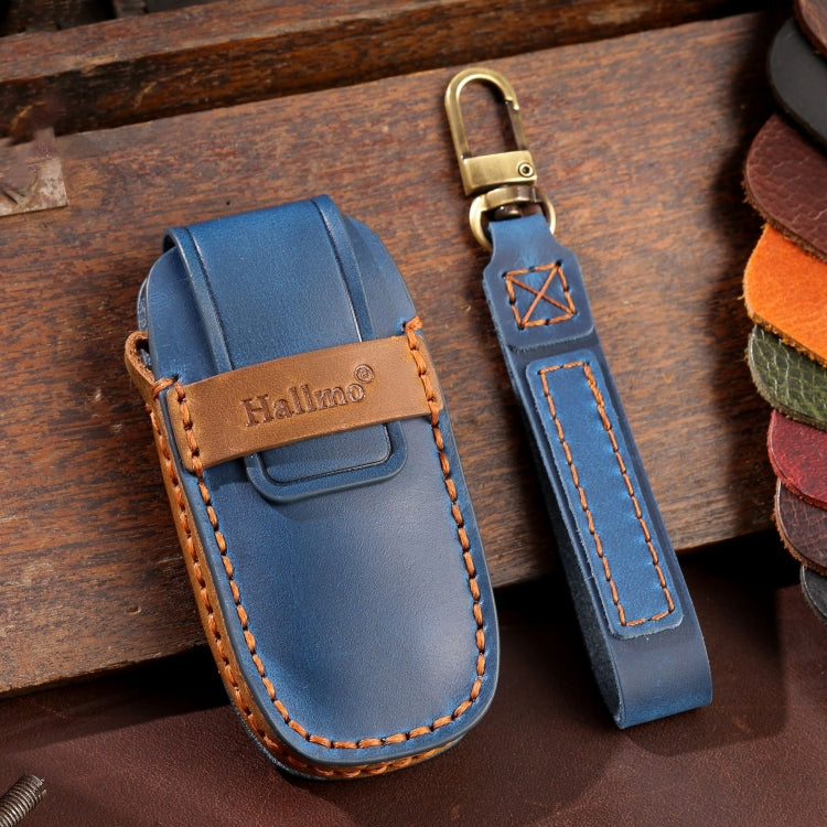 For Nissan Teana / Ariya 3-button Horn Hallmo Car Cowhide Leather Key Protective Cover Key Case(Blue) - Car Key Cases by Hallmo | Online Shopping South Africa | PMC TechLife | Buy Now Pay Later Mobicred