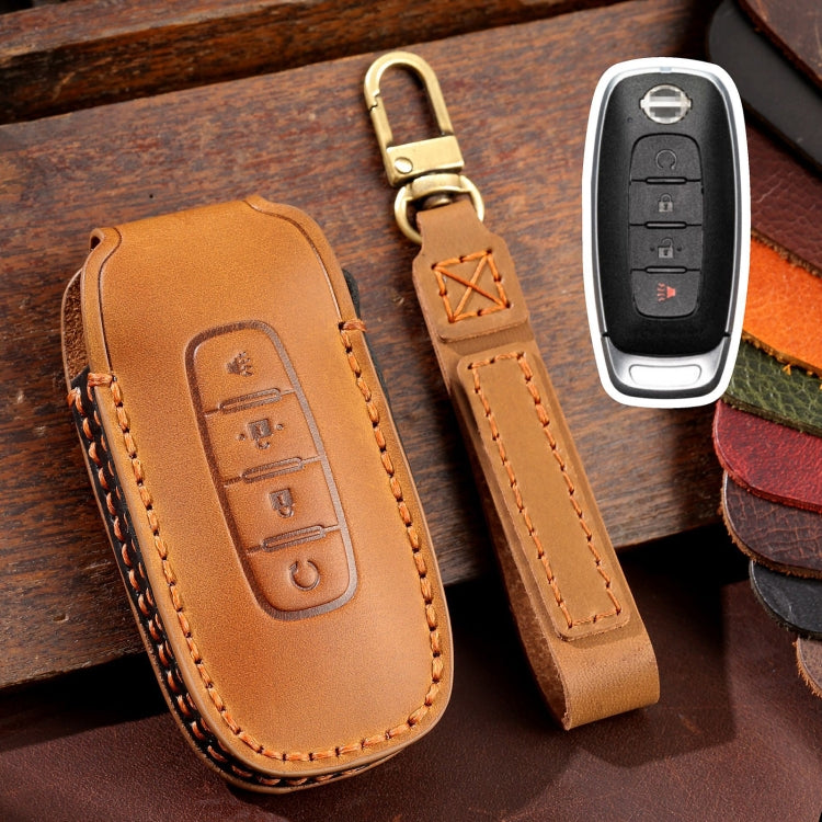 For Nissan Teana / Ariya 4-button Start Hallmo Car Cowhide Leather Key Protective Cover Key Case(Brown) - free shipping - PMC TechLife - Order now!