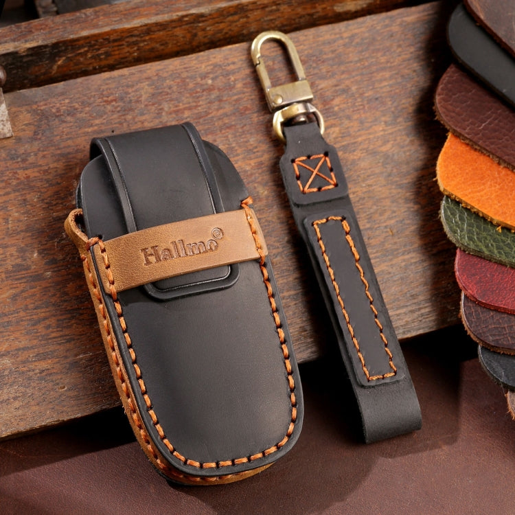 For Nissan Teana / Ariya 5-button Start Hallmo Car Cowhide Leather Key Protective Cover Key Case(Black) - Car Key Cases by Hallmo | Online Shopping South Africa | PMC TechLife | Buy Now Pay Later Mobicred